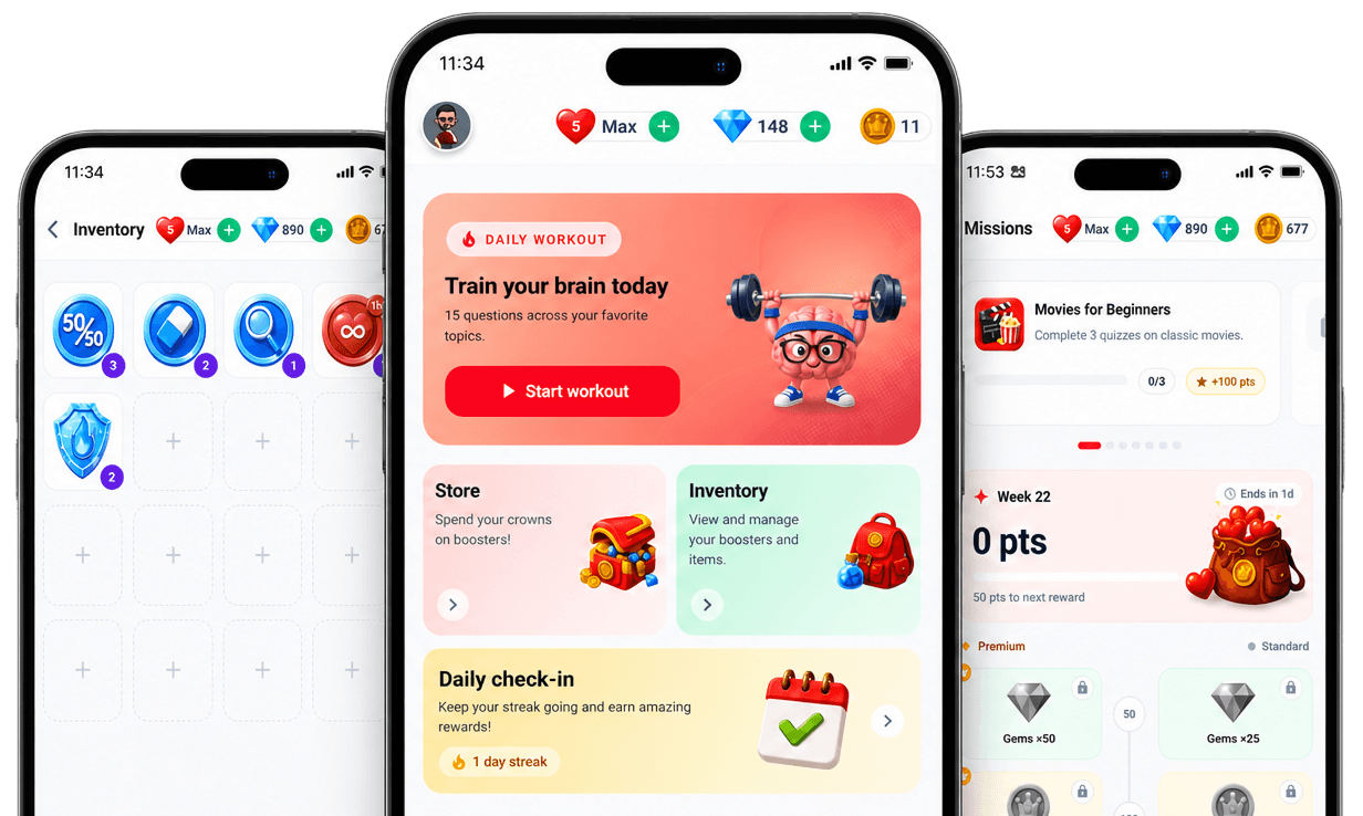 Nitta Quiz mobile app screens — store, daily challenge, and inventory